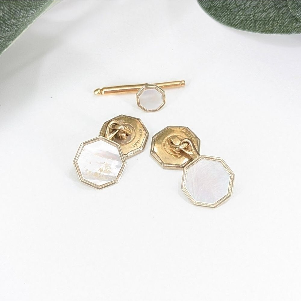 14K Gold Electroplated Mother of Pearl Cufflinks and Tie Tack Set Signed